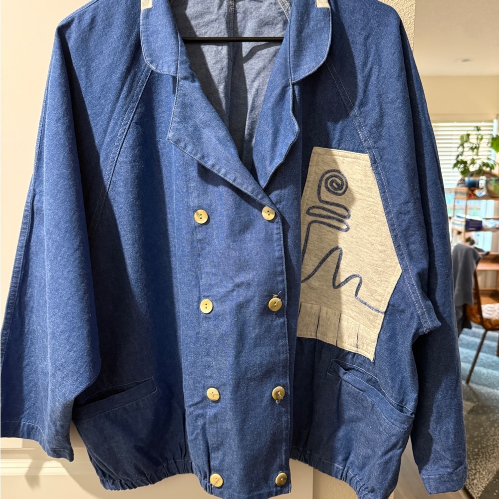 Vintage Women’s XL- Blue Double-Breasted Jacket with Contrast Pocket